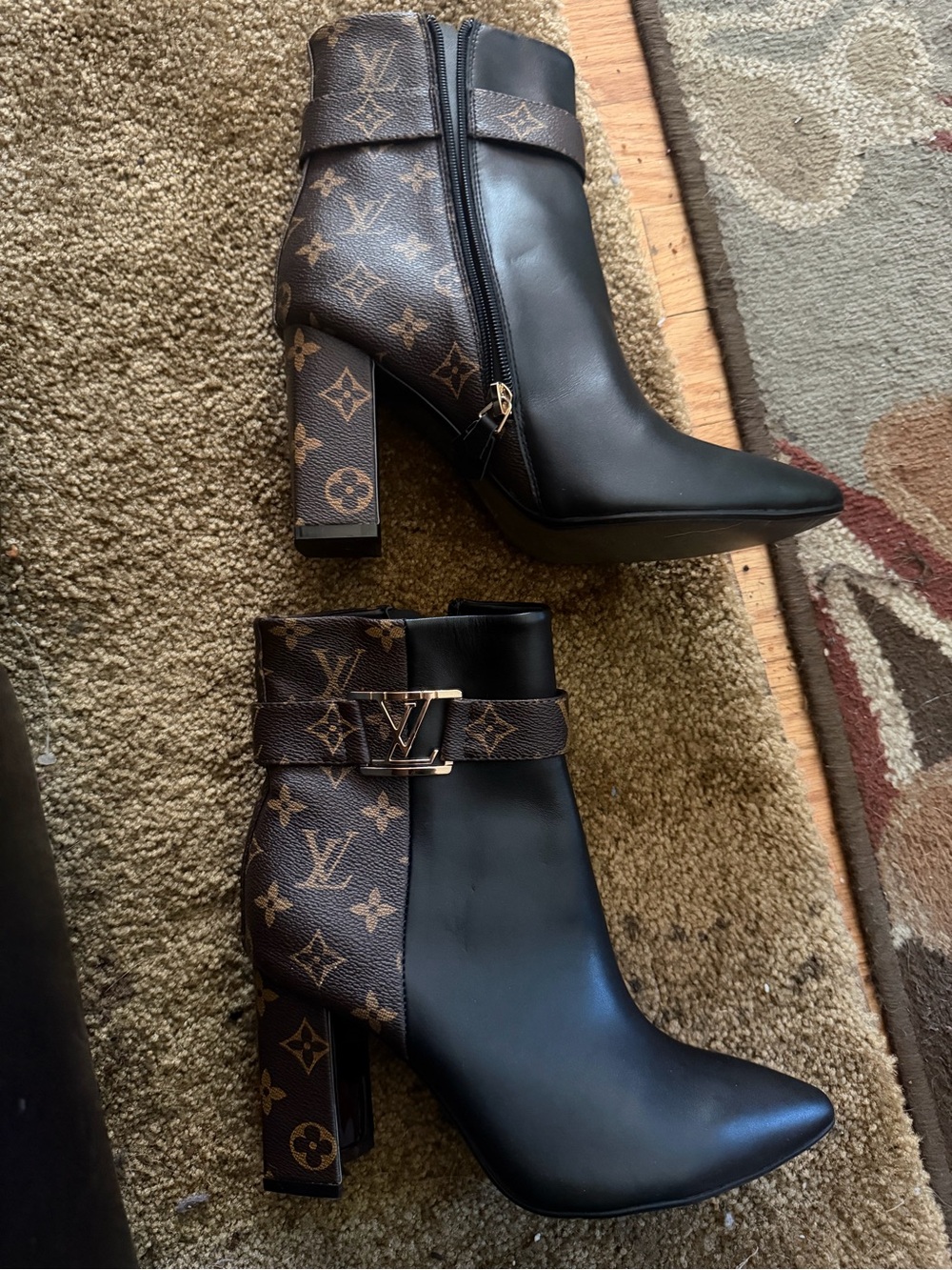 Black & Brown Monogram Block Heel Ankle Boots with LV Buckle never worn